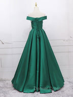 A-Line Off Shoulder Green Satin Long Prom Dress, Green Evening Dress