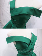 A-Line Off Shoulder Green Satin Long Prom Dress, Green Evening Dress