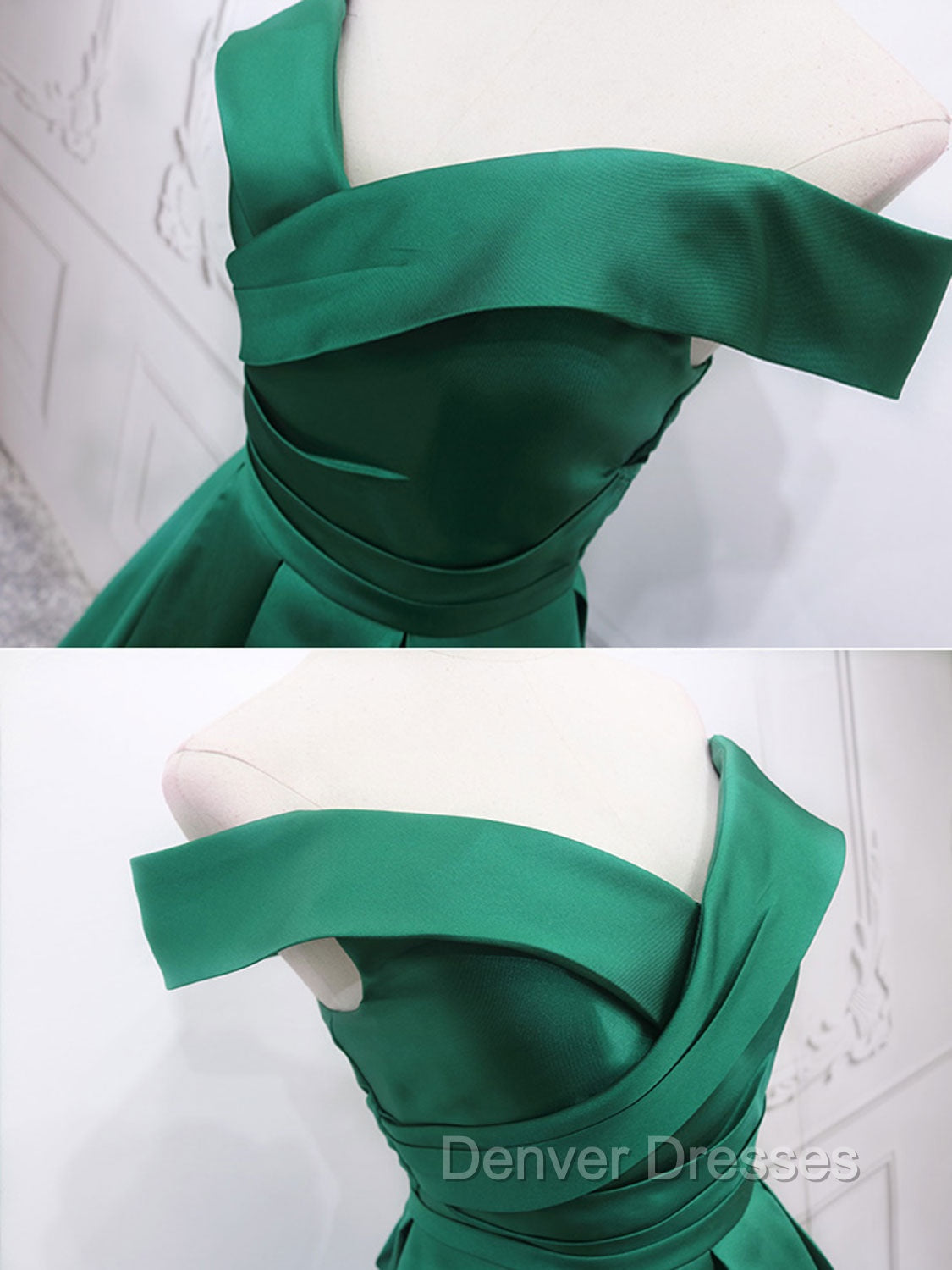 A-Line Off Shoulder Green Satin Long Prom Dress, Green Evening Dress