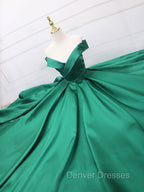 A-Line Off Shoulder Green Satin Long Prom Dress, Green Evening Dress