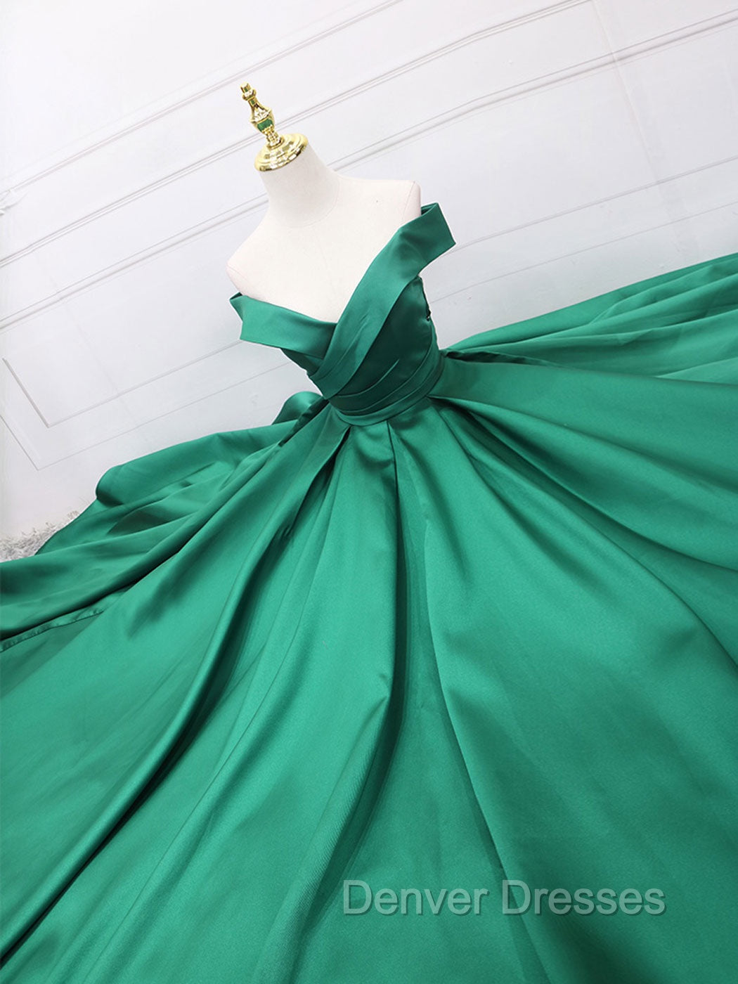 A-Line Off Shoulder Green Satin Long Prom Dress, Green Evening Dress
