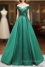 A-Line Off Shoulder Green Satin Long Prom Dress, Green Evening Dress