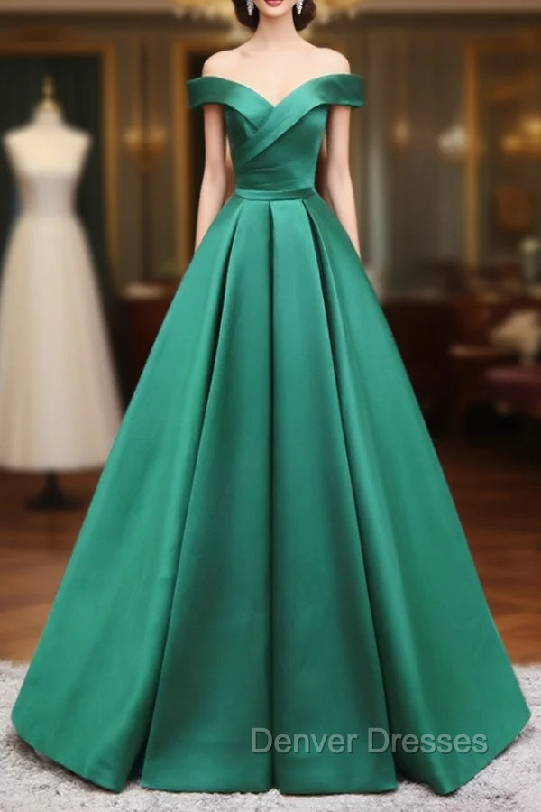 A-Line Off Shoulder Green Satin Long Prom Dress, Green Evening Dress