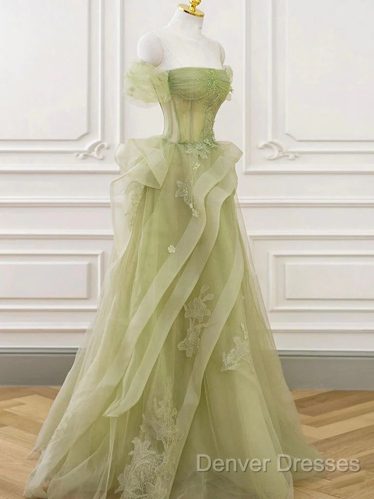 A Line Off Shoulder Green Tulle Long Prom Dress Secondary image