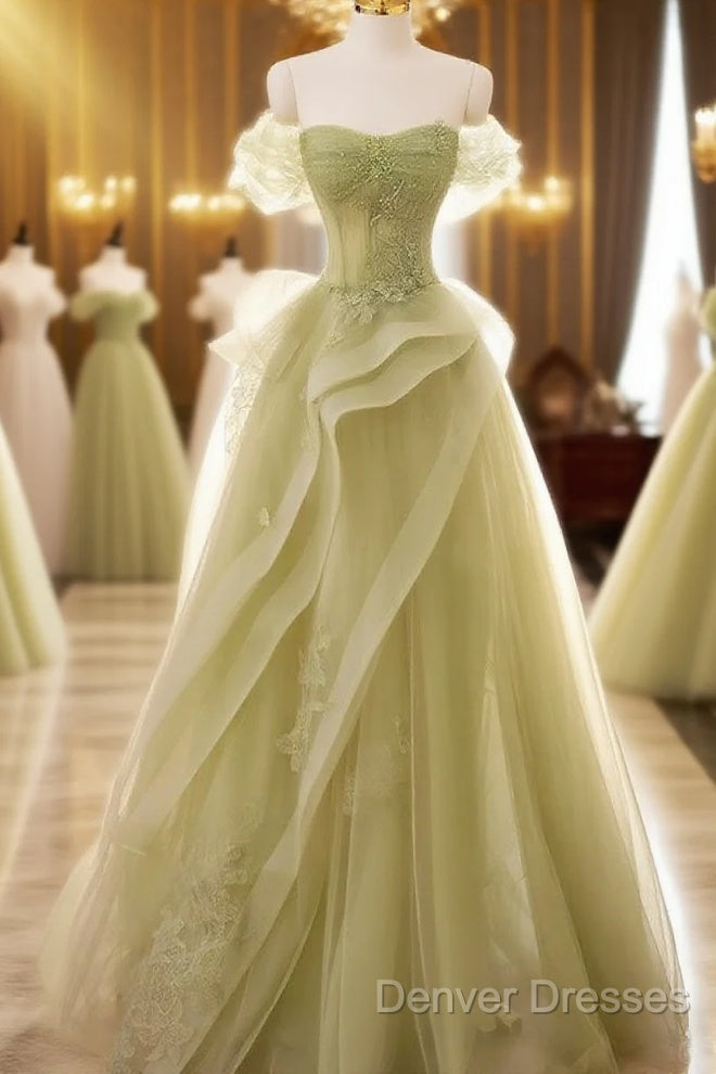 A Line Off Shoulder Green Tulle Long Prom Dress Main image