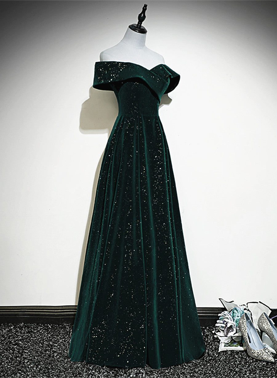 A-Line Off Shoulder Green Velvet Simple Party Dress, Green Prom Dress Formal Dress