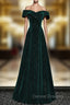 A-line Off Shoulder Green Velvet Simple Party Dress, Green Prom Dress Formal Dress