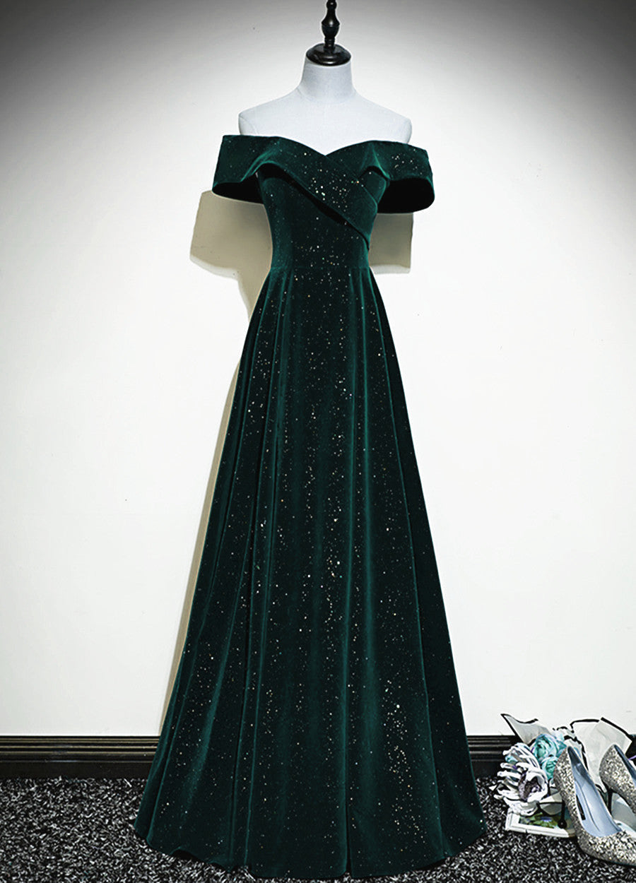 A-Line Off Shoulder Green Velvet Simple Party Dress, Green Prom Dress Formal Dress Main image