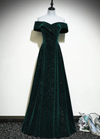A-Line Off Shoulder Green Velvet Simple Party Dress, Green Prom Dress Formal Dress