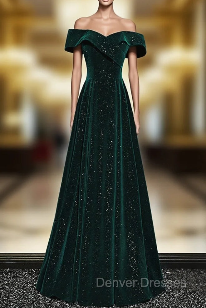 A-line Off Shoulder Green Velvet Simple Party Dress, Green Prom Dress Formal Dress Main image