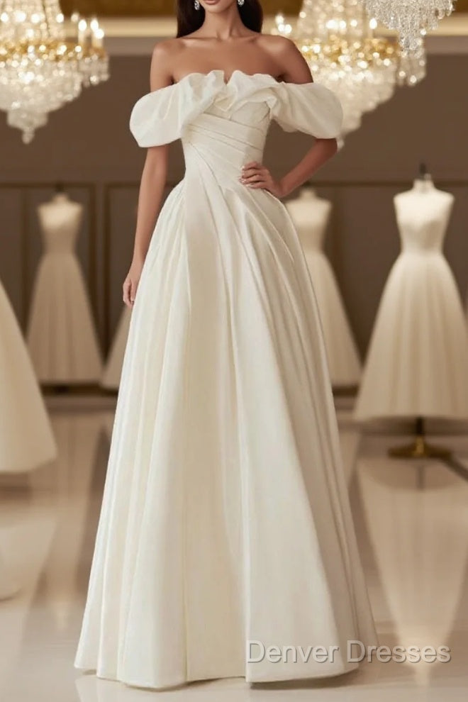 A-Line Off Shoulder Ivory Satin Long Prom Dress, Ivory Long Formal Dress Main image