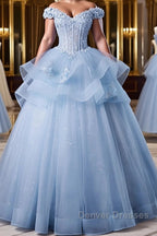 A-Line Off Shoulder Lace Tulle Blue Long Prom Dress, Blue Sweet 16 Dress