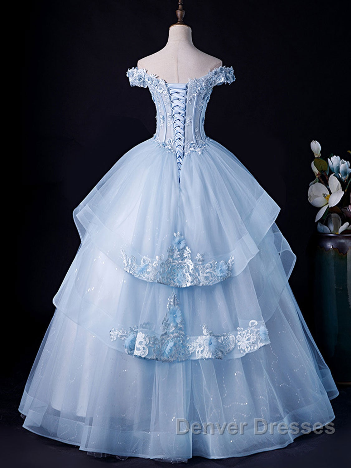 A-Line Off Shoulder Lace Tulle Blue Long Prom Dress, Blue Sweet 16 Dress