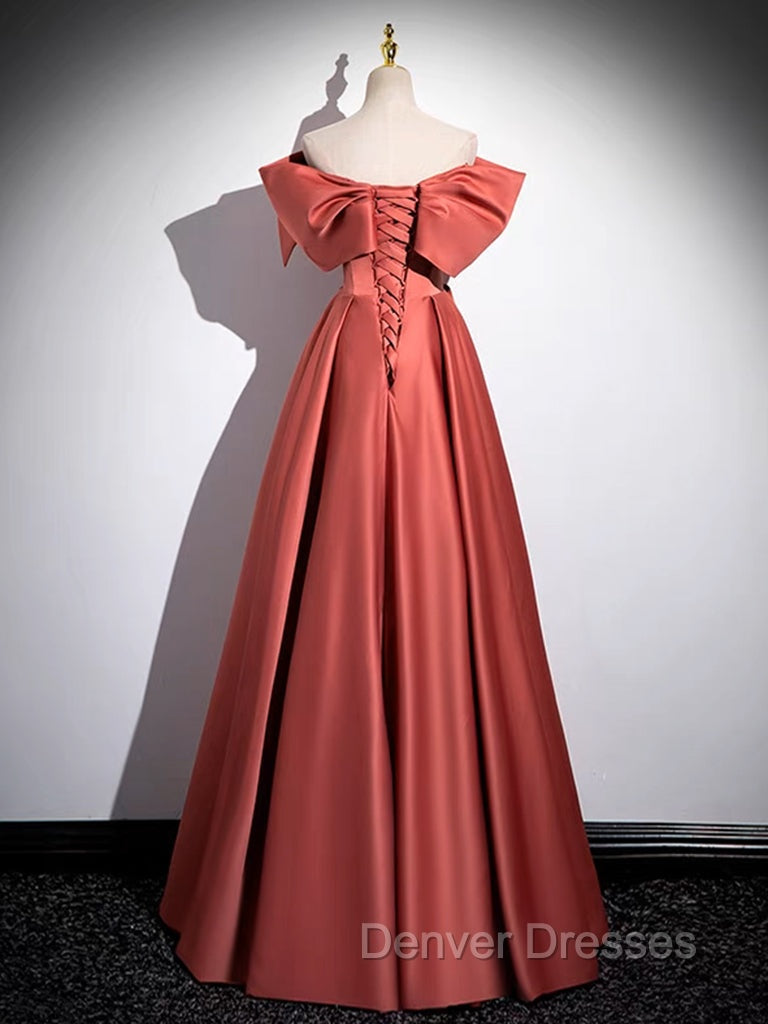 A-Line Off Shoulder Off Shoulder Satin Long Prom Dress, Watermelon Red Long Formal Dress Secondary image