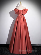 A-Line Off Shoulder Off Shoulder Satin Long Prom Dress, Watermelon Red Long Formal Dress