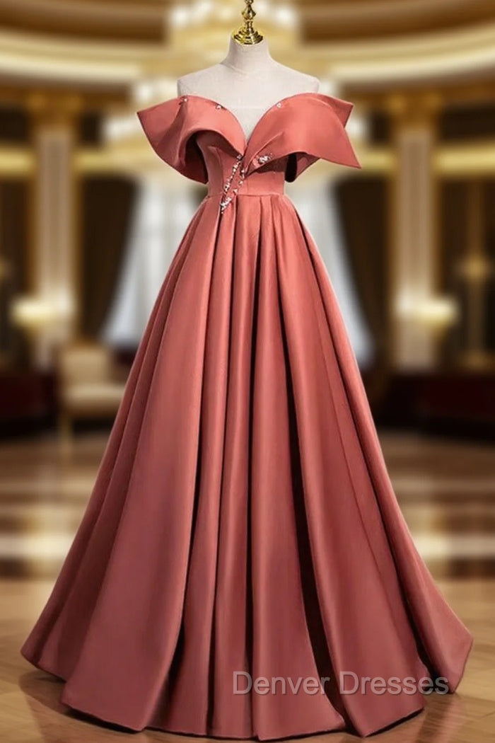 A-Line Off Shoulder Off Shoulder Satin Long Prom Dress, Watermelon Red Long Formal Dress