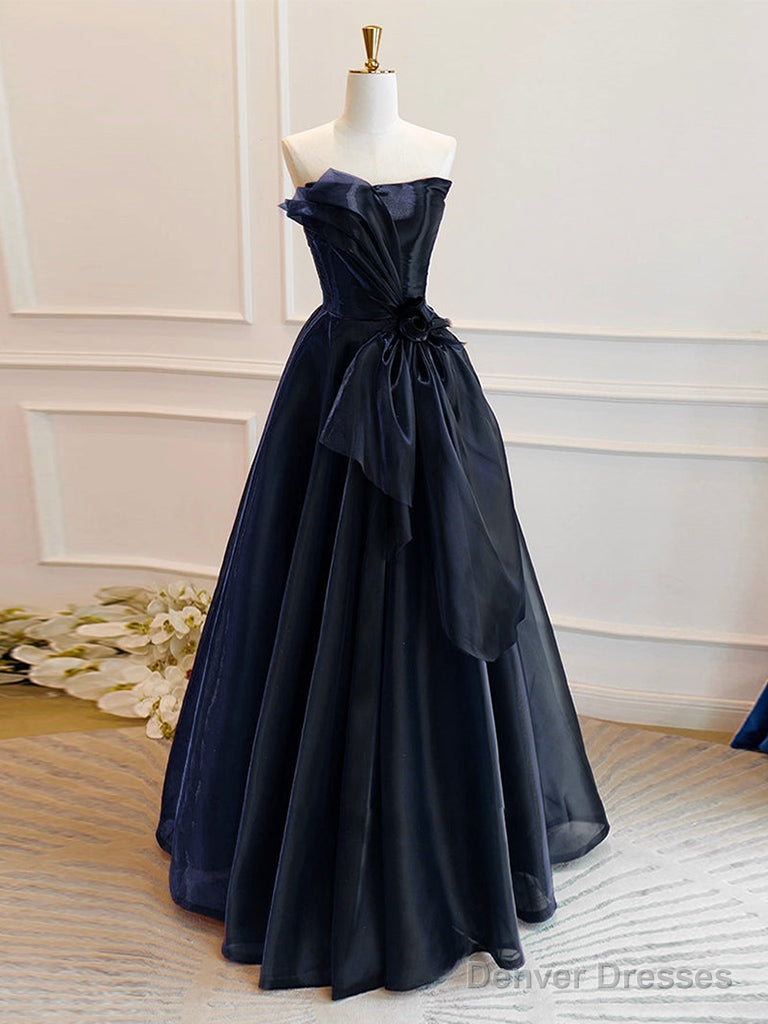A-Line Off Shoulder Organza Dark Blue Long Prom Dress, Dark Blue Long Formal Dress Main image
