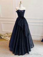 A-Line Off Shoulder Organza Dark Blue Long Prom Dress, Dark Blue Long Formal Dress