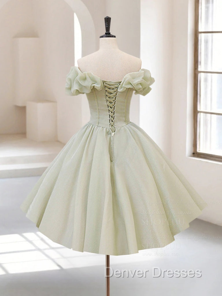 A-Line Off Shoulder Organza Green Short Prom Dress,Cute Homecoming Dress with Beads