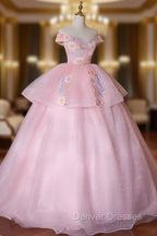 A-Line Off Shoulder Organza Lace Pink Long Prom Dress. Pink Sweet 16 Dress