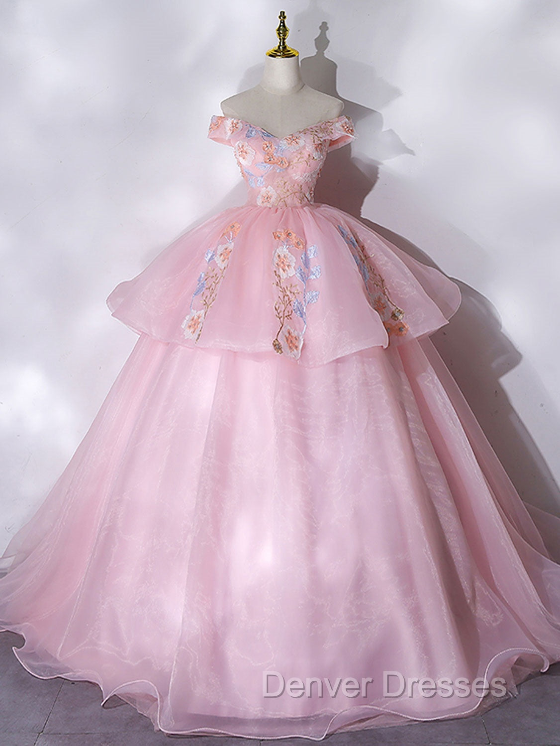 A-Line Off Shoulder Organza Lace Pink Long Prom Dress. Pink Sweet 16 Dress Secondary image