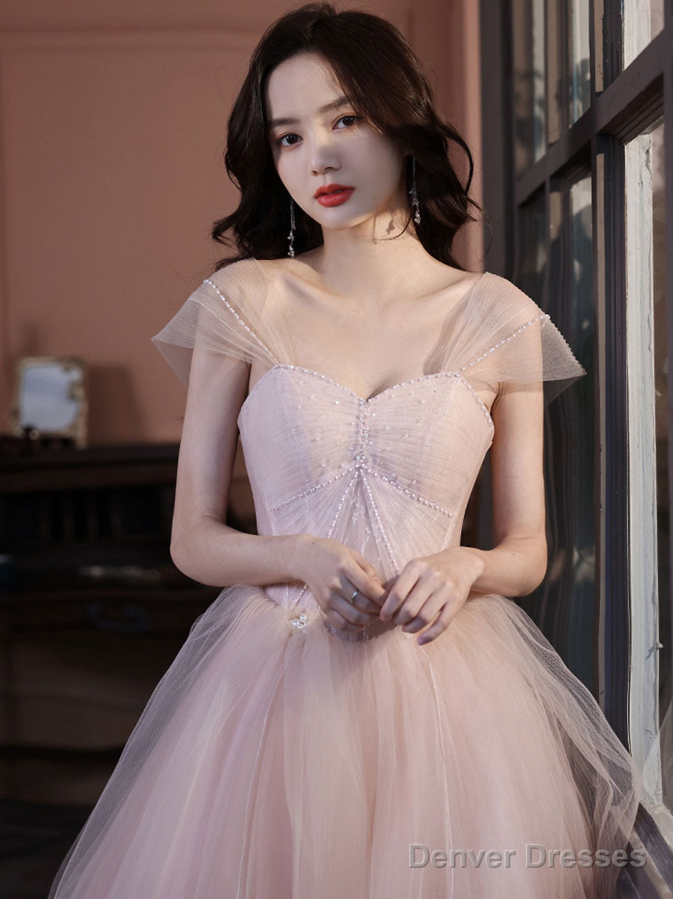 A Line Off Shoulder Pink Long Prom Dress, Pink Graduation Dress With Beading Lace