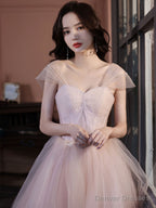 A Line Off Shoulder Pink Long Prom Dress, Pink Graduation Dress With Beading Lace