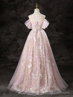 A-Line Off Shoulder Pink Long Prom Dress Sweet 16 Dress Floor Length Beautiful