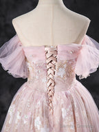 A-Line Off Shoulder Pink Long Prom Dress Sweet 16 Dress Floor Length Beautiful