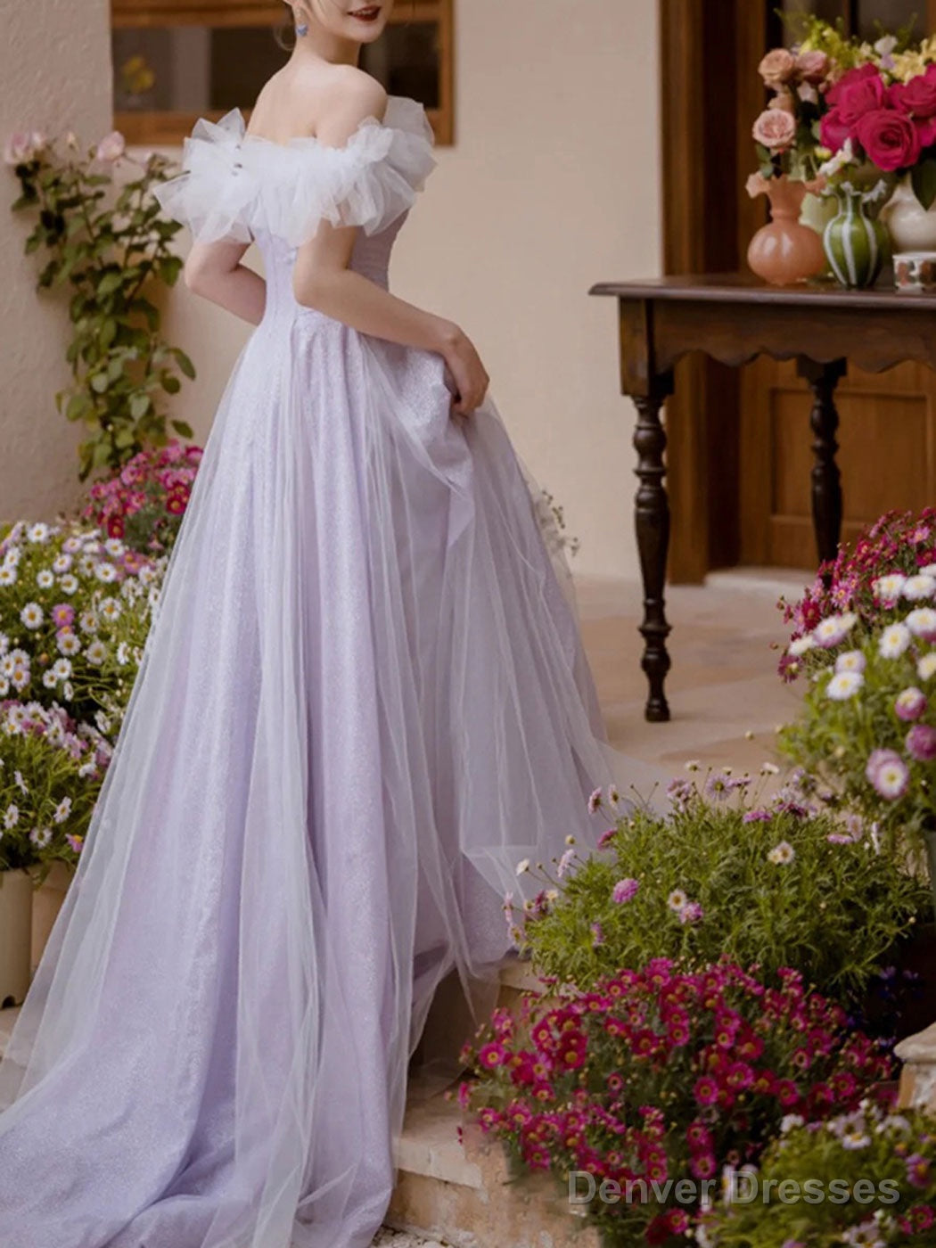 A-Line Off Shoulder Purple Tulle Long Prom Dress, Purple Formal Evening Dress