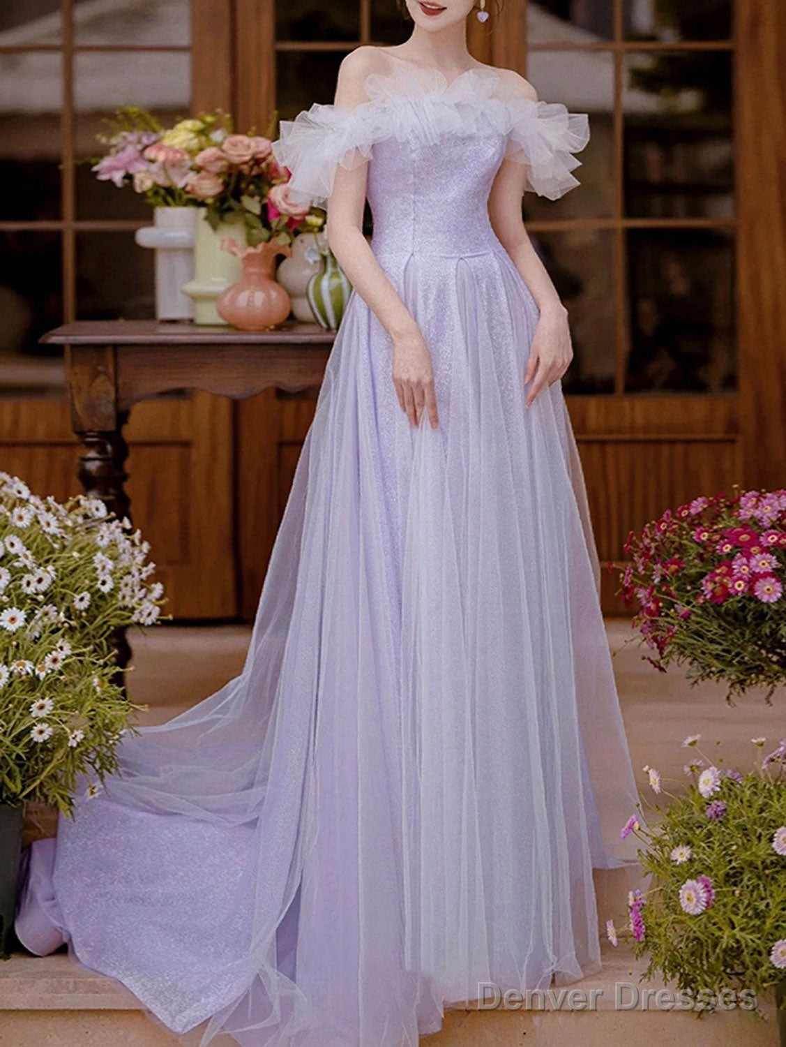 A-Line Off Shoulder Purple Tulle Long Prom Dress, Purple Formal Evening Dress Main image