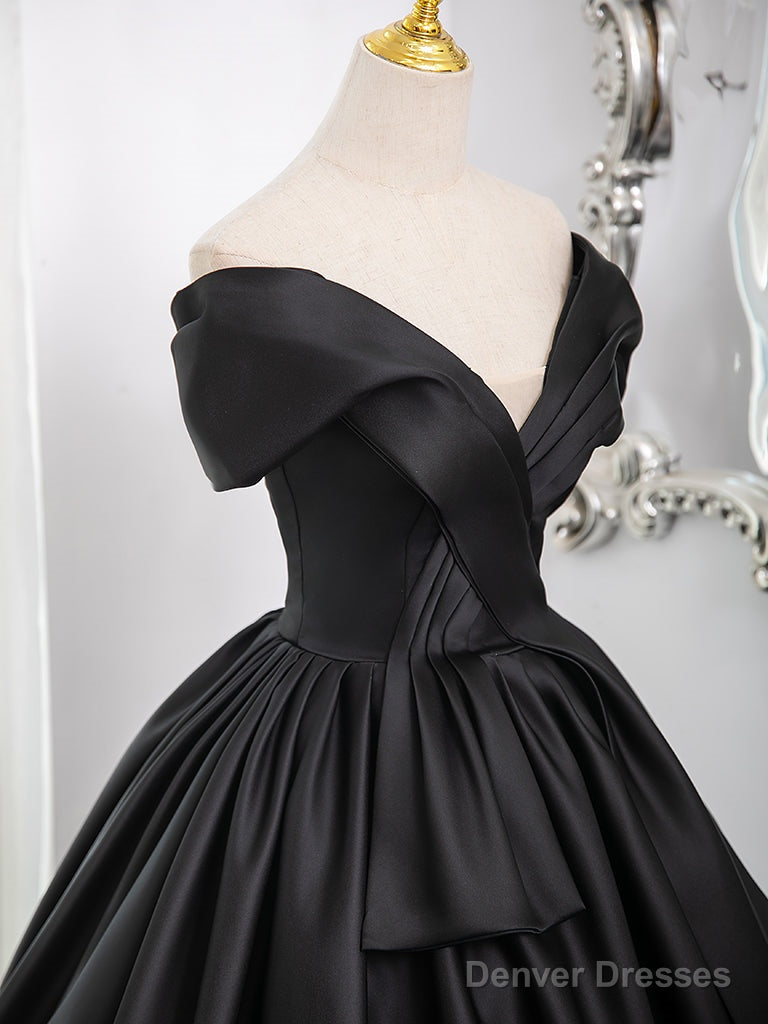 A-Line Off Shoulder Satin Black Long Prom Dress, Black Long Formal Dress Secondary image
