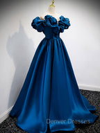 A-Line Off Shoulder Satin Blue Long Prom Dress, Blue Evening Dress