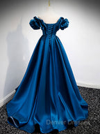 A-Line Off Shoulder Satin Blue Long Prom Dress, Blue Evening Dress