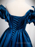 A-Line Off Shoulder Satin Blue Long Prom Dress, Blue Evening Dress