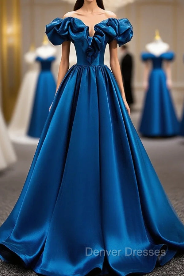 A-Line Off Shoulder Satin Blue Long Prom Dress, Blue Evening Dress Main image