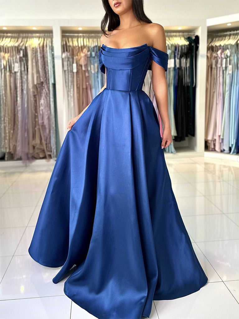 A-Line Off Shoulder Satin Blue Long Prom Dress, Blue Long Evening Dress Main image