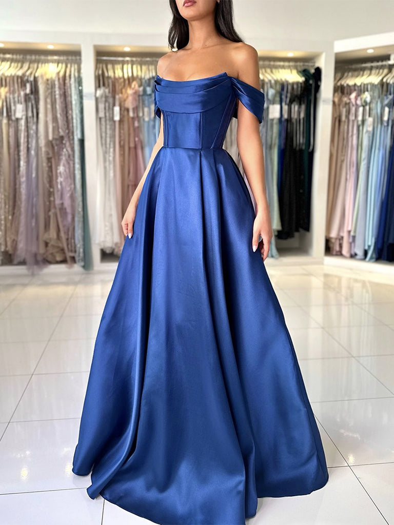 A-Line Off Shoulder Satin Blue Long Prom Dress, Blue Long Evening Dress Secondary image