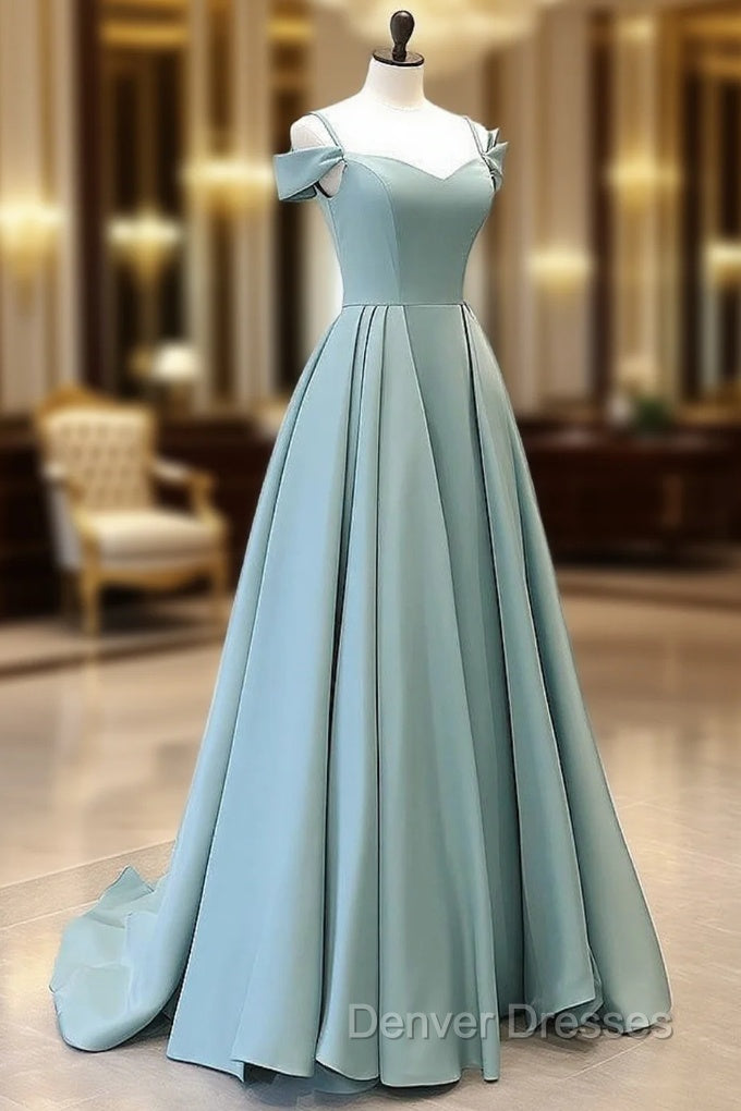 A-Line Off Shoulder Satin Blue Long Prom Dress, Blue Long Evening Dress Main image