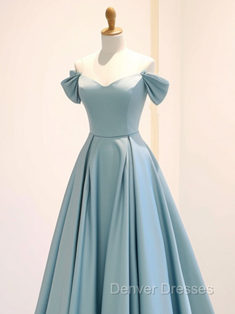 A-Line Off Shoulder Satin Blue Long Prom Dress, Blue Long Formal Dress Secondary image