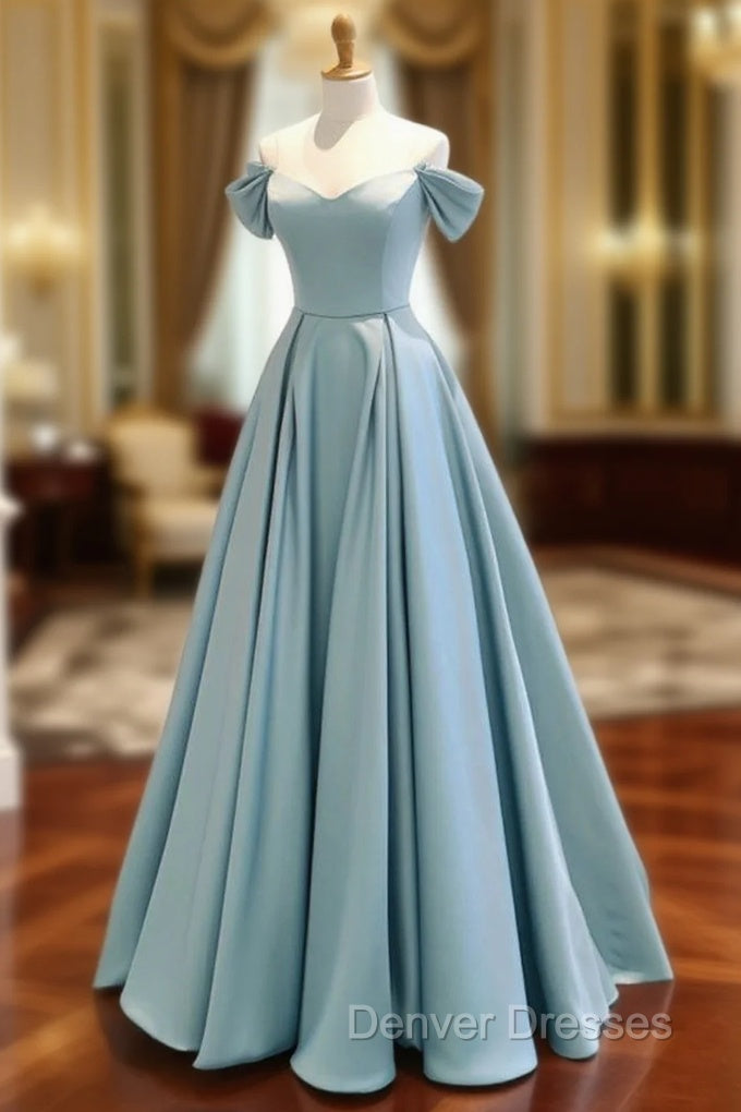 A-Line Off Shoulder Satin Blue Long Prom Dress, Blue Long Formal Dress Main image