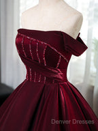 A-Line Off Shoulder Satin Burgundy Long Prom Dress, Burgundy Evening Dress With Beads