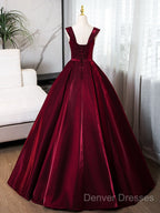 A-Line Off Shoulder Satin Burgundy Long Prom Dress, Burgundy Evening Dress With Beads