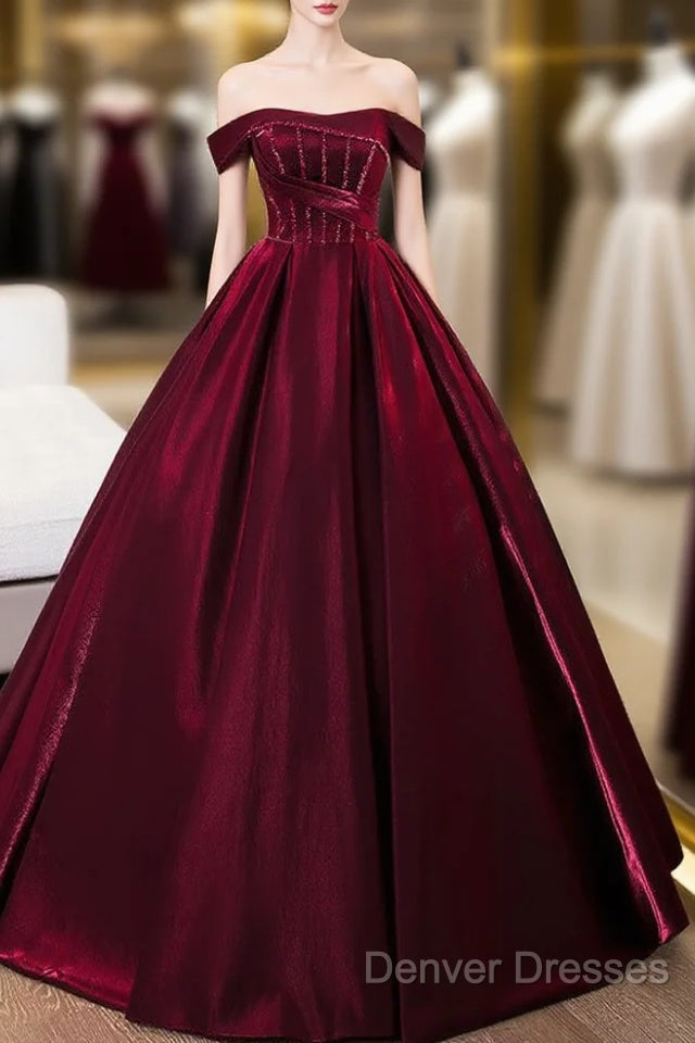 A-Line Off Shoulder Satin Burgundy Long Prom Dress, Burgundy Evening Dress With Beads Main image