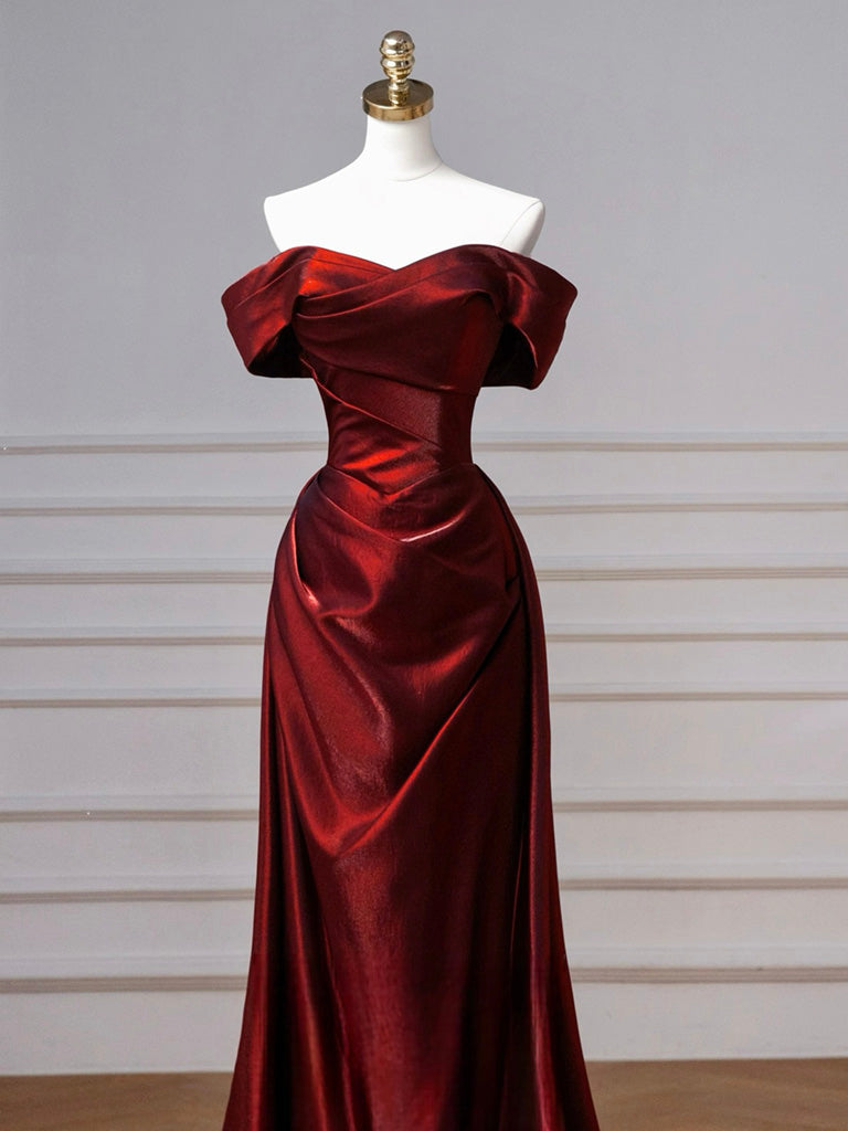A-Line Off Shoulder Satin. Burgundy Long Prom Dress, Burgundy Long Evening Dress Secondary image