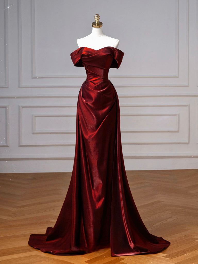 A-Line Off Shoulder Satin. Burgundy Long Prom Dress, Burgundy Long Evening Dress Main image