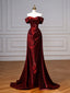 A-Line Off Shoulder Satin. Burgundy Long Prom Dress, Burgundy Long Evening Dress