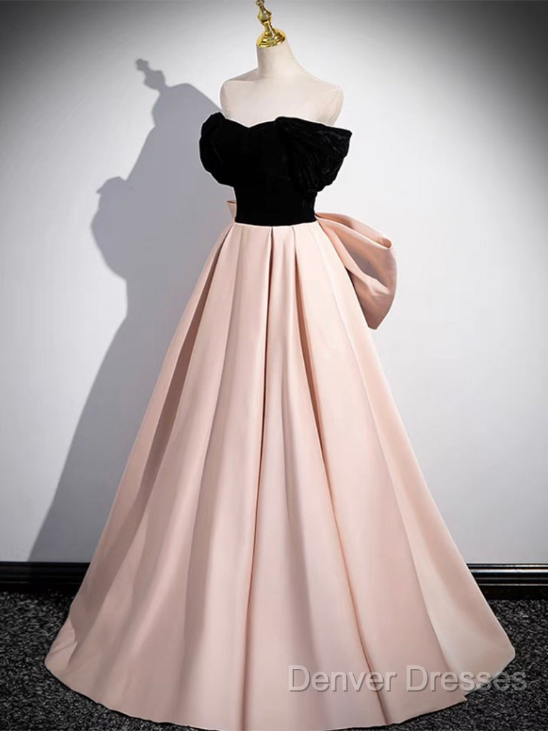 A-Line Off Shoulder Satin Champagne Long Prom Dress, Champagne Long Evening Dress