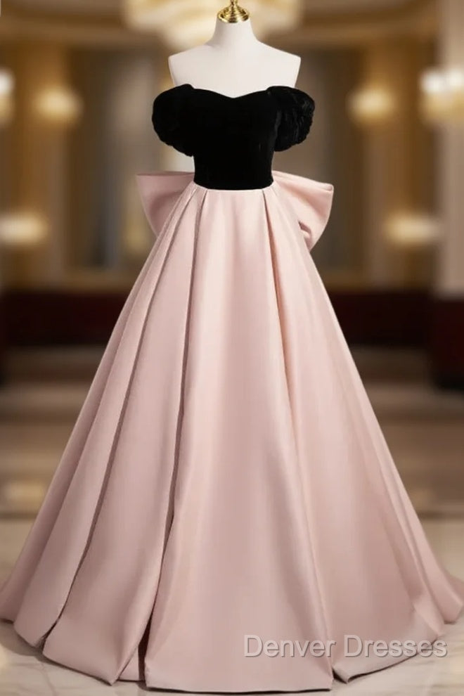 A-Line Off Shoulder Satin Champagne Long Prom Dress, Champagne Long Evening Dress Main image