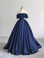 A-Line Off Shoulder Satin Dark Blue Long Prom Dress, Dark Blue Long Formal Dress